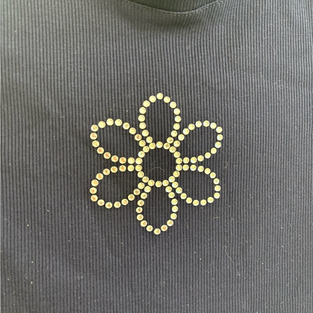 Charlotte Navy Ribbed Shirt with Rhinestone Flower Design - Picture 3 of 6